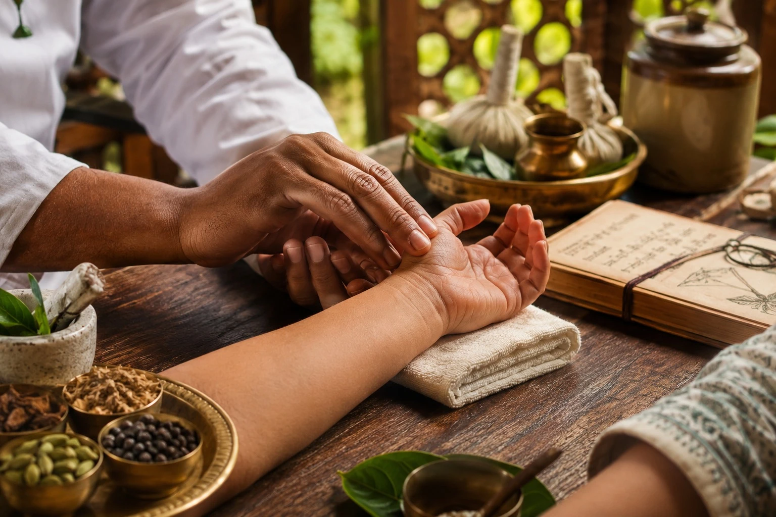 Rows of Ayurvedic herbal oils and preparations in a Kerala treatment centre