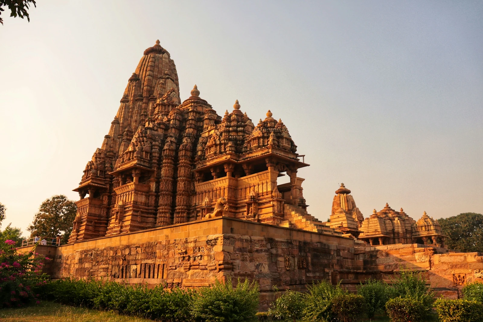 The Kandariya Mahadeva temple at Khajuraho, its tall tower covered in tiers of carved stone figures
