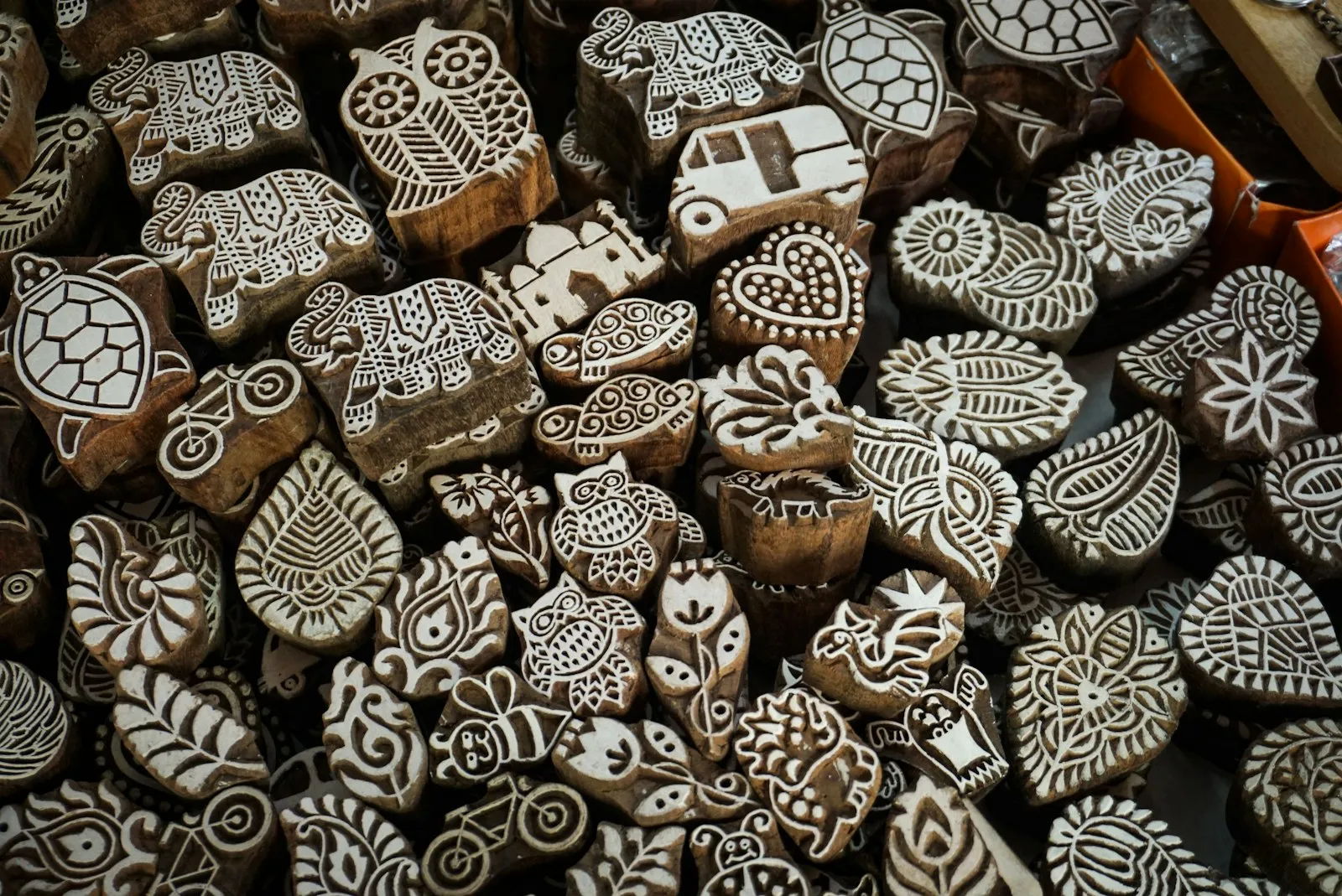 Carved wooden blocks used for traditional hand block-printing of textiles in Jaipur